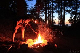 Stoking the fire at Marion Mountain Campground